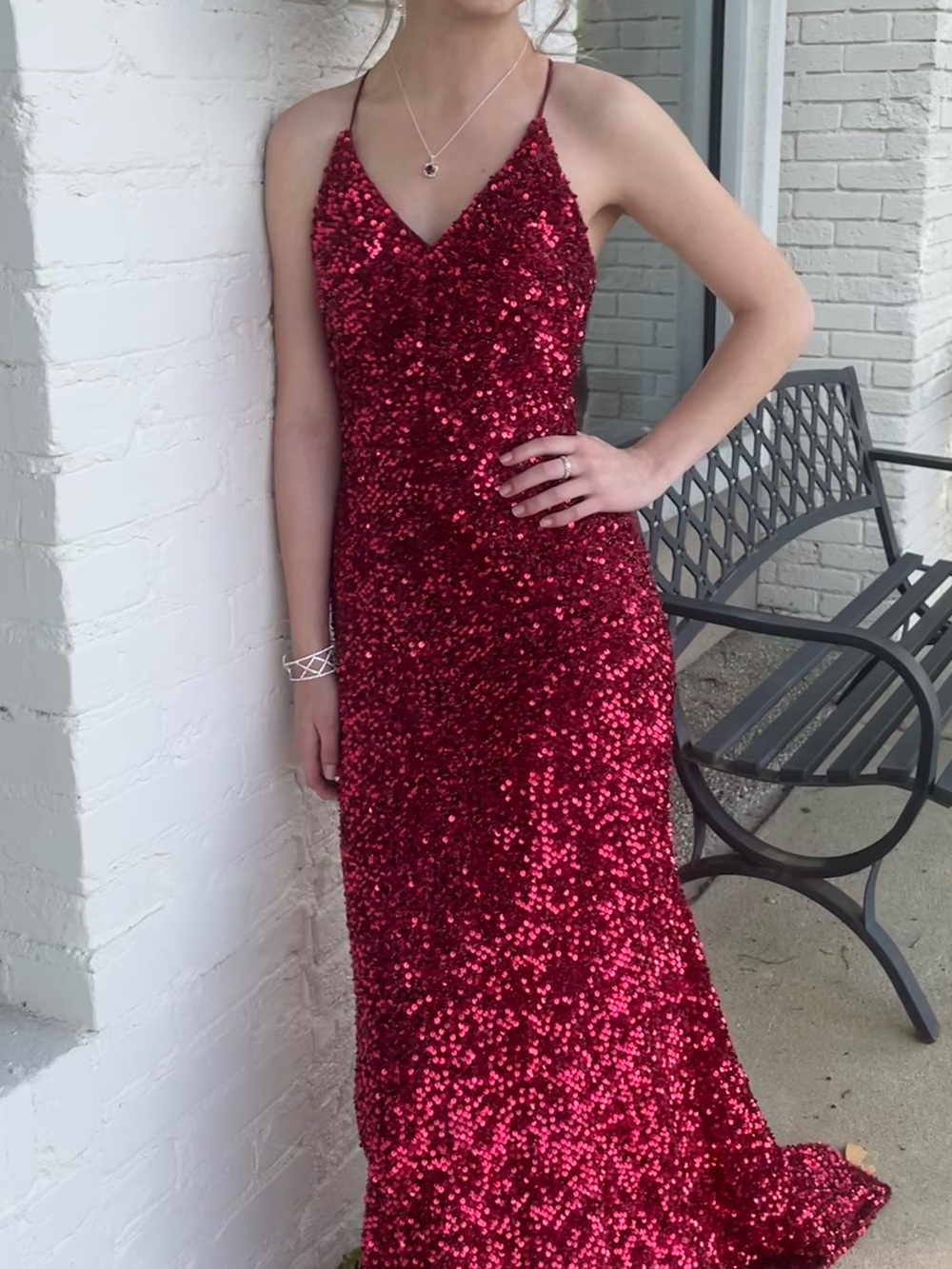 ellie wilde Red Sequin V-Neck Spaghetti Strap Gown